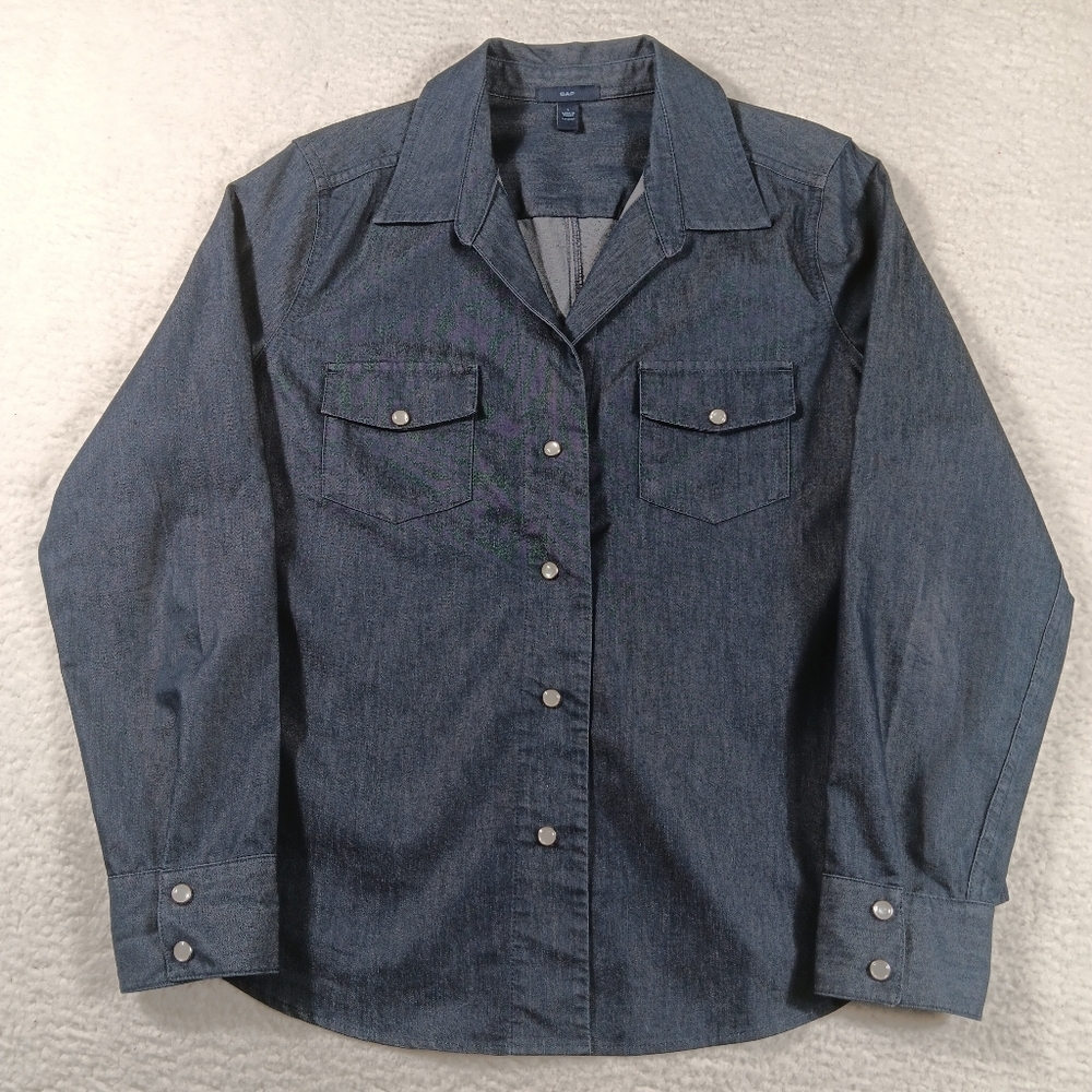 Vintage Gap Shirt Womens Large Blue Denim Pearl Snap Western Rodeo Flap Pocket